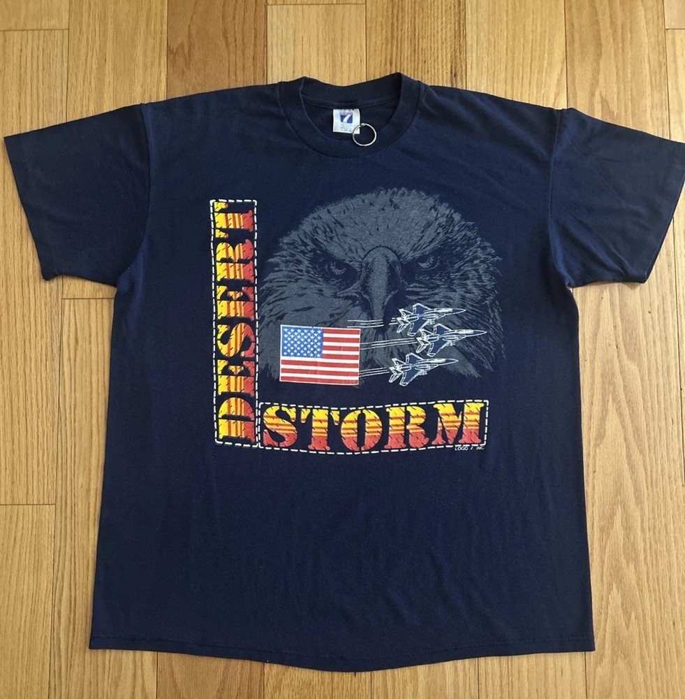 Vintage 90s Desert Storm Gulf War T-Shirt Size XL U.S.A. Eagle F-16 Fighter Jets