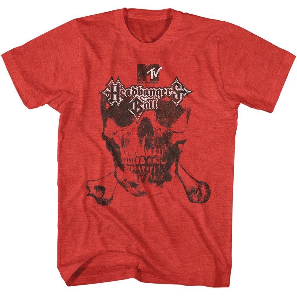 MTV – Headbangers Ball Logo Skull And Bones – Heather Red Adult T-Shirt