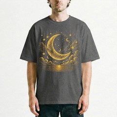 Golden Crescent Moon Stars T-Shirt Mystic Night Sky Reflection Tee