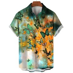 Mens Button Down Colorful Butterfly Print Hawaiian Top Novelty Summer Gift Shirt