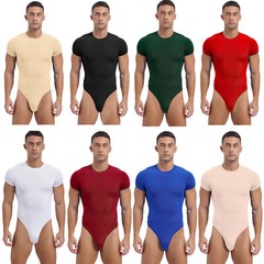 Mens Short Sleeve Bodysuit Athletic High Waist Jumpsuits Stretchy Button Bodycon
