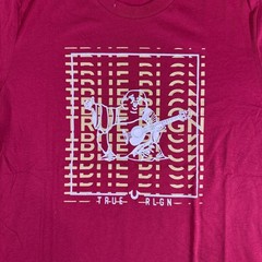 True Religion Mens Small Graphic T Shirt Red Buddha Guitar Logo Crew Neck