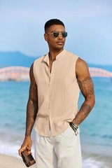 Mens Sleeveless Summer Shirts Beach Tank Tops Button Up Tank Shirt for Vacation