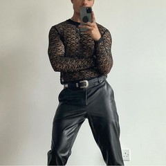 For Layering Men Mesh Tee Hollow Out Top High Street Style Mesh Fabric Loose Fit