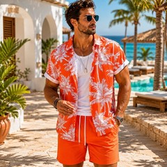 Men 2Pcs Hawaiian Shirt Shorts Set Tropical Print Beach Summer Outfit S-5XL