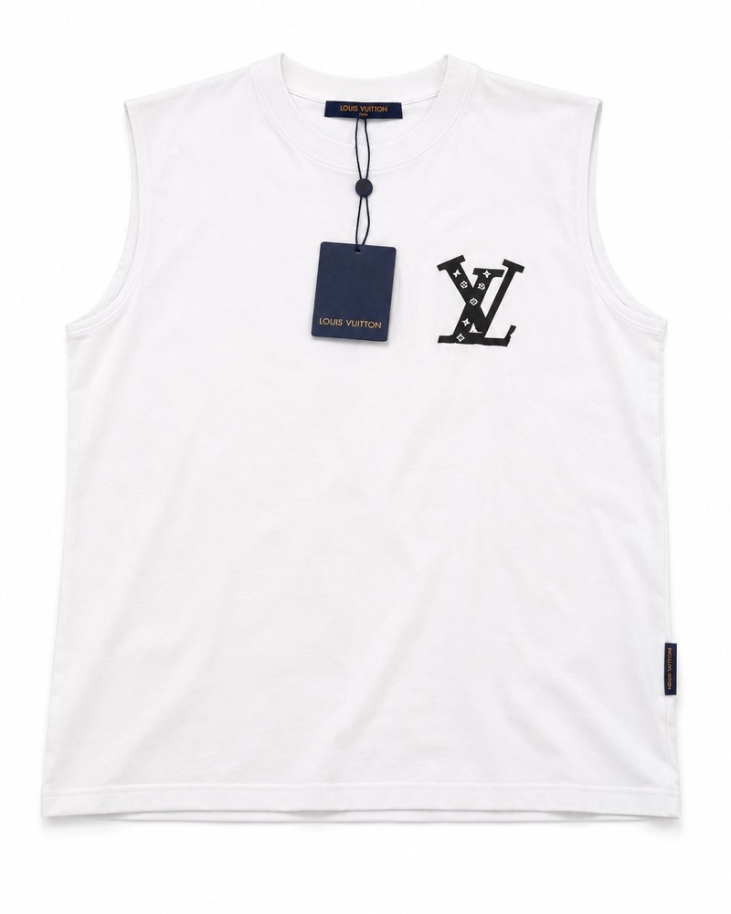 Louis Vuitton Men’s White Sleeveless Crew Neck Cotton Jersey Logo T-Shirt