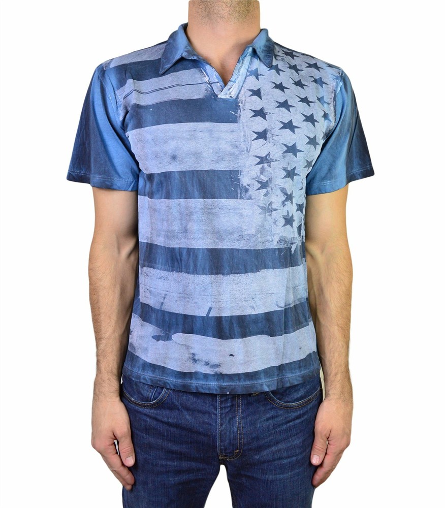 NEW ROCKSTAR SUSHI MEN’S ‘VF022’ COLLARED V-NECK TEE DISTRESSED FRONT FLAG BLUE
