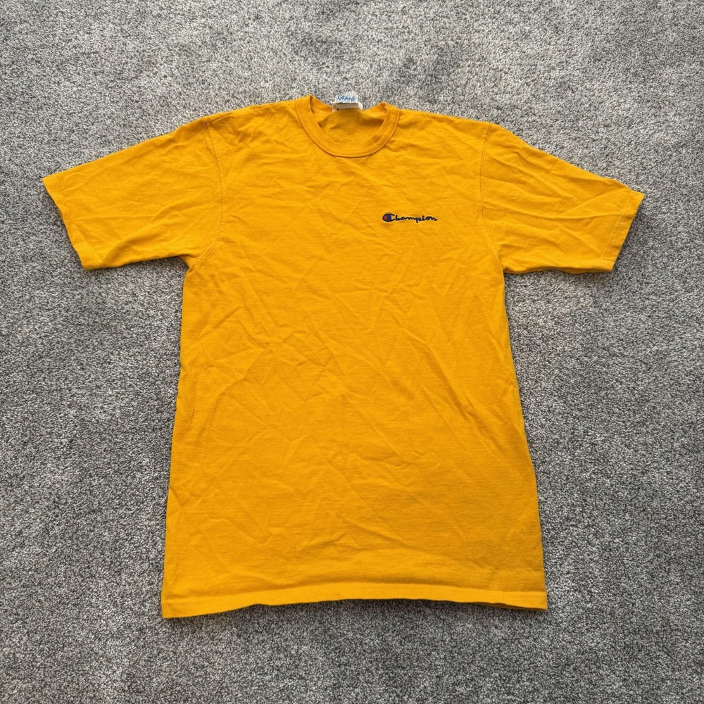 Champion Shirt Mens Small Yellow Embroidered Logo Classic Casual Tee 100% Cotton