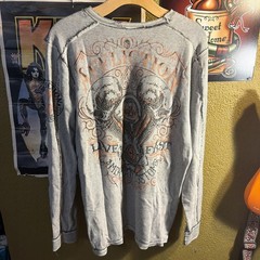 Affliction Shirt Mens XL Thermal Gray Y2K Skull Cross Wings Grunge Reversible