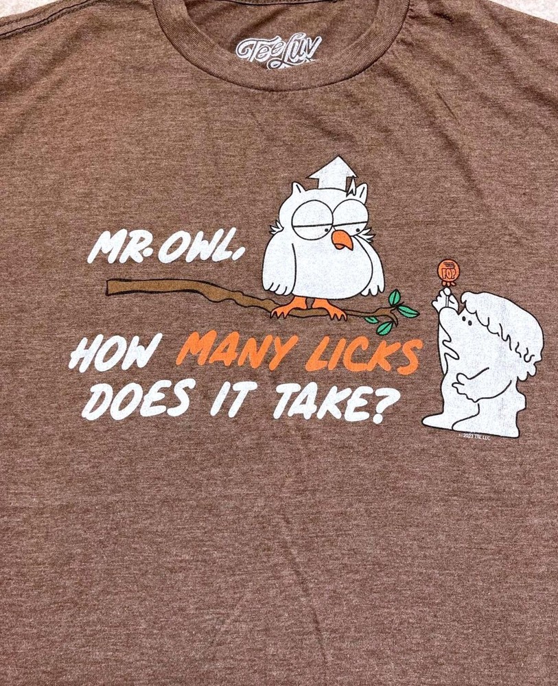 TeeLuv Mr. Owl “How Many Licks Does It Take?” Graphic T-Shirt Brown Size L