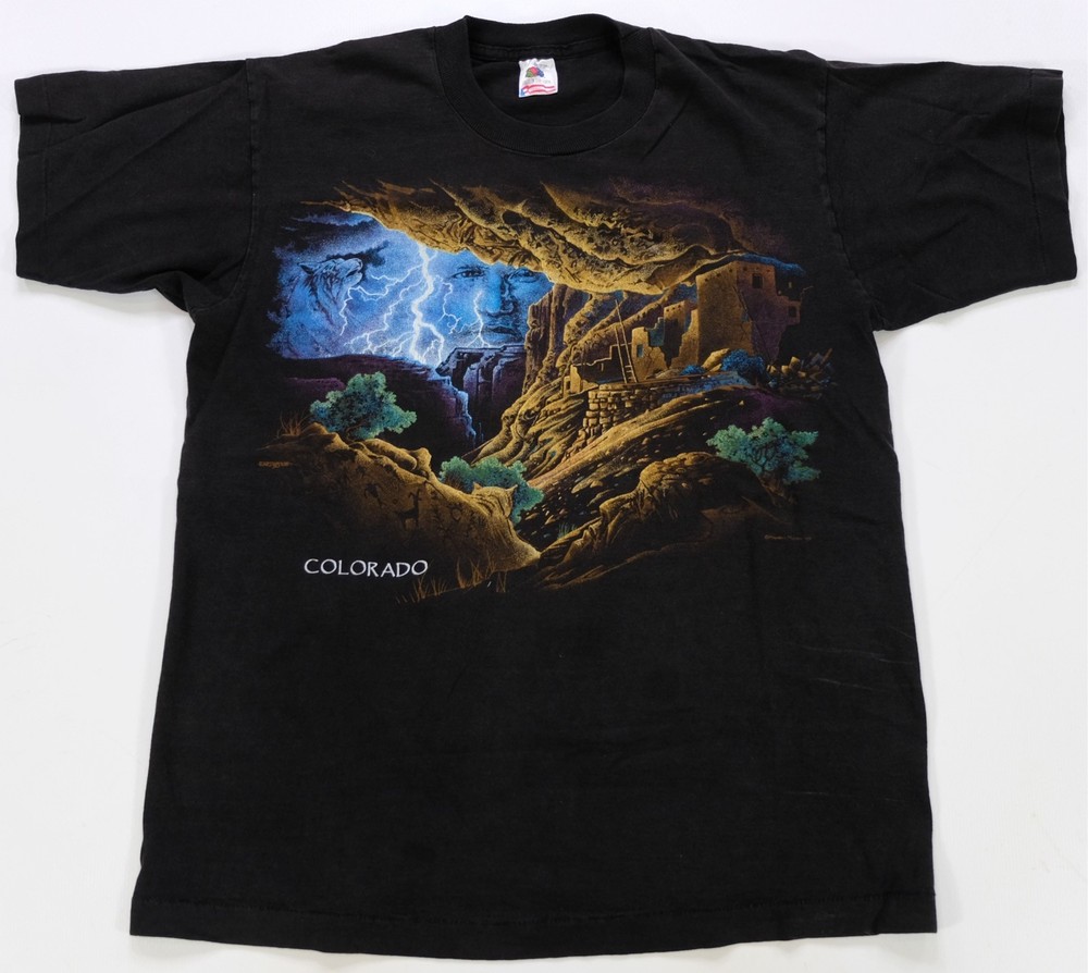 Rare VTG MOUNTAIN MEADOWS Colorado Native Spirit Nature Art T Shirt 90s Black L