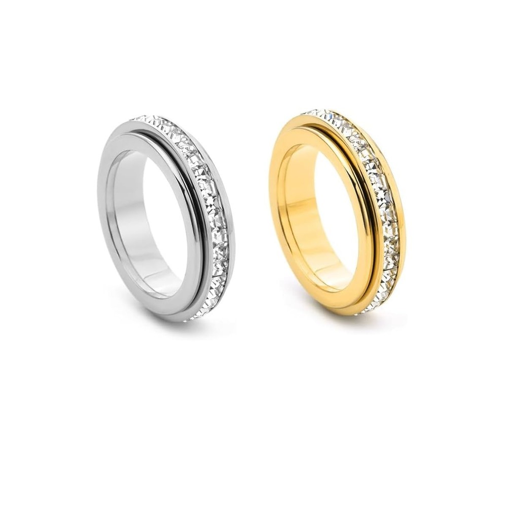 2pcs Anxiety Rings For ，Cubic Zirconia Statement Stainless Steel Fidget Spinn…