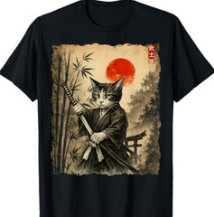 Samurai Cat Japanese Art Funny Graphic Tee Anime T-Shirt