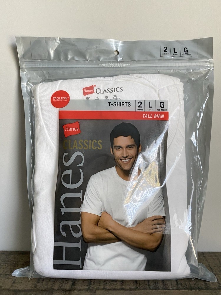 Hanes Classics T-Shirts 2 Pack L Tall Man 100% COTTON Tagless Long Length 9856