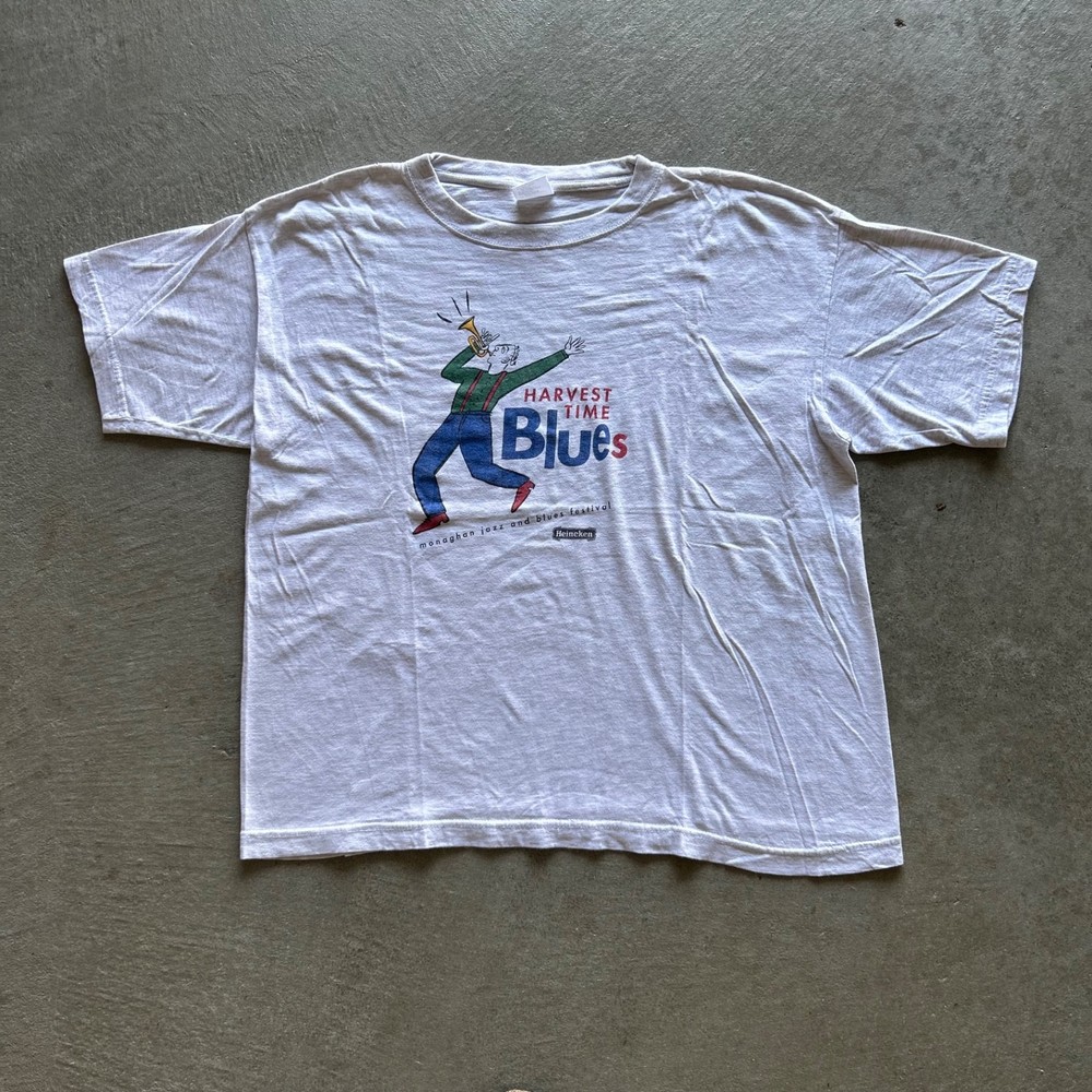 Vintage 90s Harvest Time Blues Shirt Size XL Gray Monaghan Jazz & Blues Festival