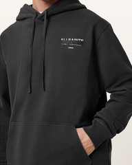 All Saints Mens Redact Washed Black Hoodie Relaxed Fit Embroidered Sweatshirt