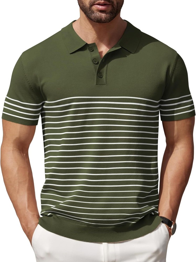 Men’s Striped Knit Polo Shirt Lightweight Short Sleeve Casual Collared Golf Tee