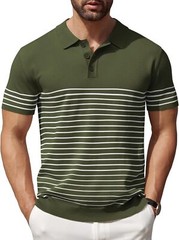 Men’s Striped Knit Polo Shirt Lightweight Short Sleeve Casual Collared Golf Tee