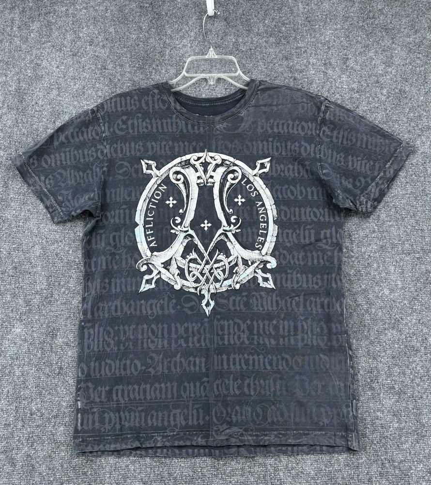 Affliction LIVE FAST SHIELD WINGED T Shirt Gray Blue Foil Accents Men’s M Grunge