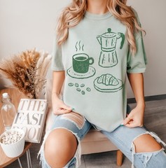 Coffee and Croissant Graphic Tee Hand-Drawn Sketch Art