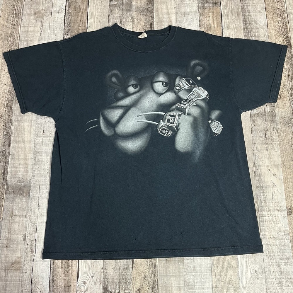 Pink Panther Shirt Adult XL Black Y2K Pimp Embellished Rings Jewelry