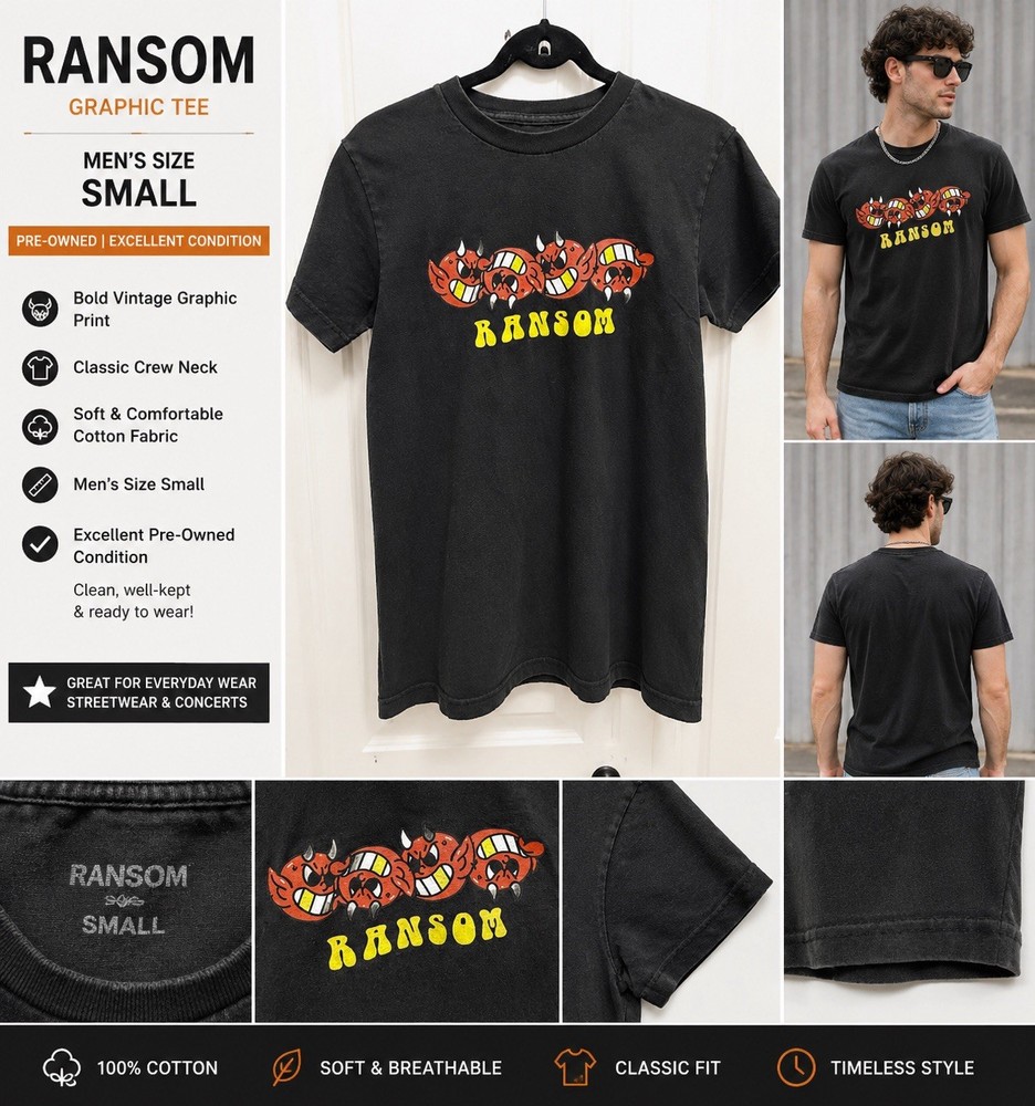 Ransom Graphic T-Shirt Men’s Small Black Devil Face Streetwear Cotton Tee