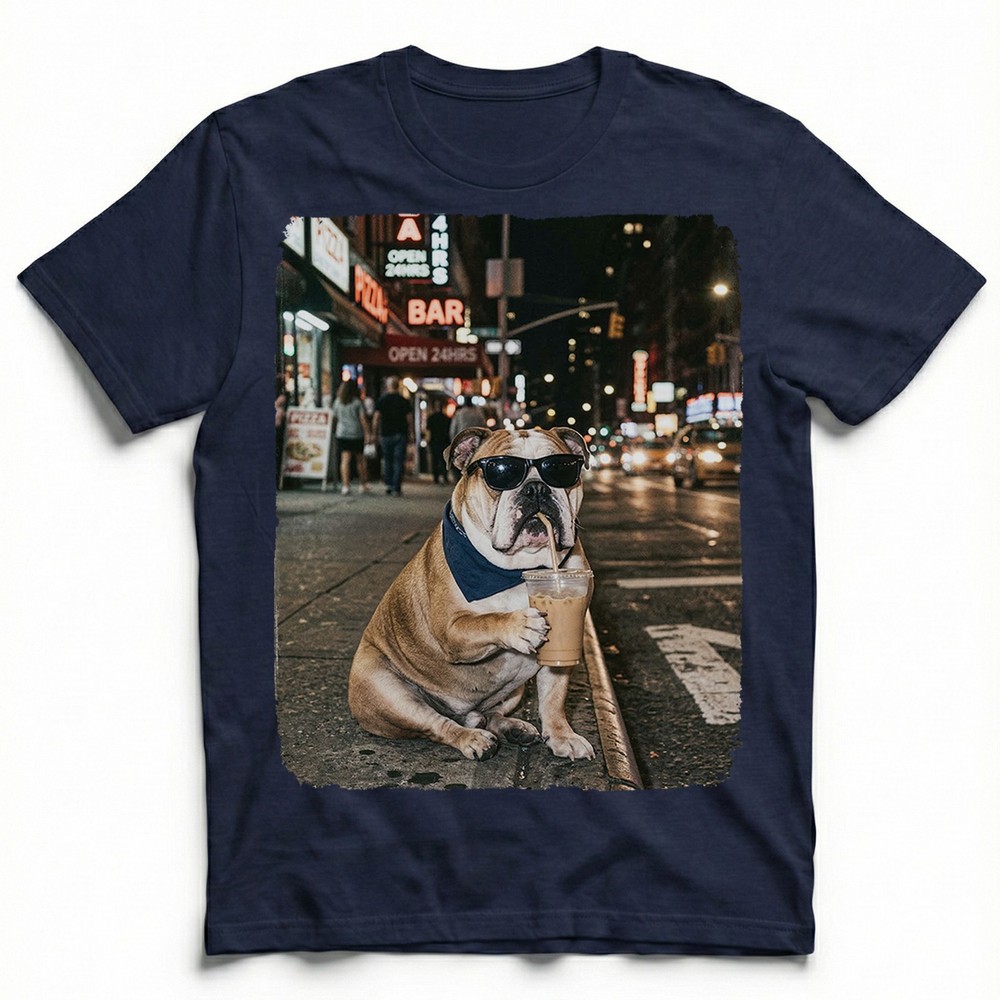 English Bulldog Bandana Iced Latte NYC Night Street Unisex T-Shirt Funny Tee