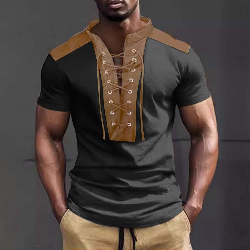 Men’s New Summer Color Contrast Small Stand Lace Up Short Sleeved Top Men’s T