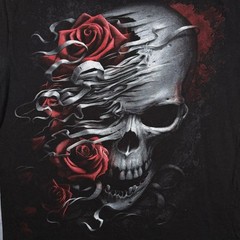 Early 00’s Spiral Goth Fantasy Skull Rose Graphic Black T-Shirt Medium