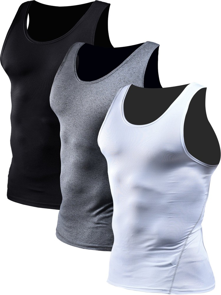 Men’s 3 Pack Athletic Compression Under Base Layer Sport Tank Top,01,Black,Gr…
