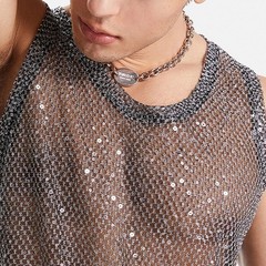 Mens Mesh Tank Top Glitter Muscle Tank Vacation Clothing Slight Stretch Clubwear