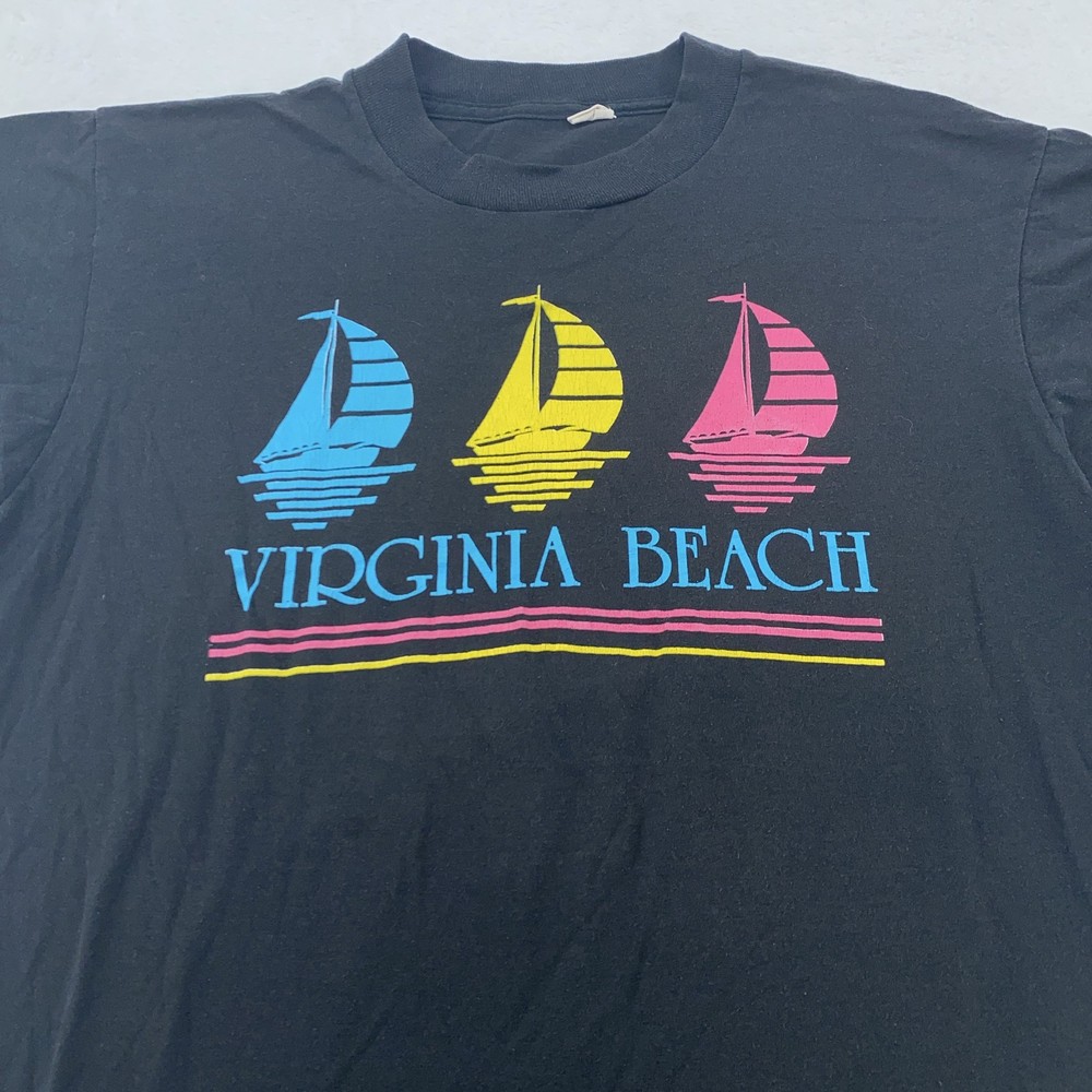 Vintage Virginia Beach Shirt Mens M Black Sailboat Graphic Tee 80s 90s Retro