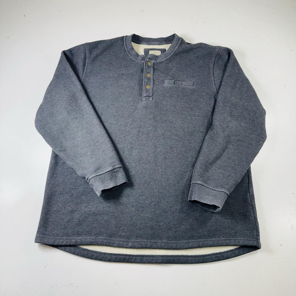 LL Bean Henley Waffle Knit Shirt Gray Thermal Lined Men’s Size XXL Tall