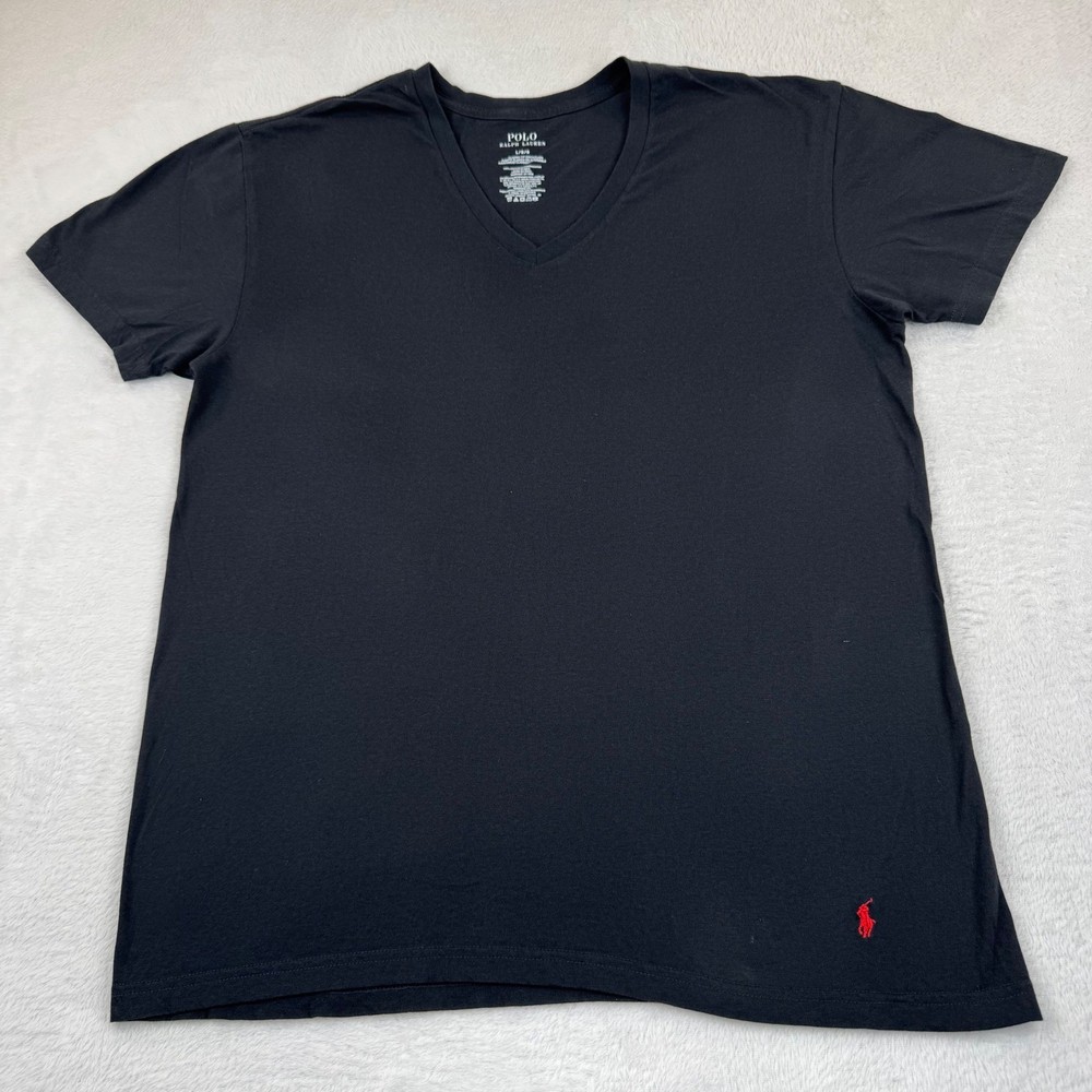 Polo Ralph Lauren V-Neck T-Shirt Mens L Black Red Pony Logo Classic Fit Cotton