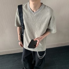 Men’s V Neck Short Sleeve T Shirt Loose Fit Pure Color Texture Casual Top