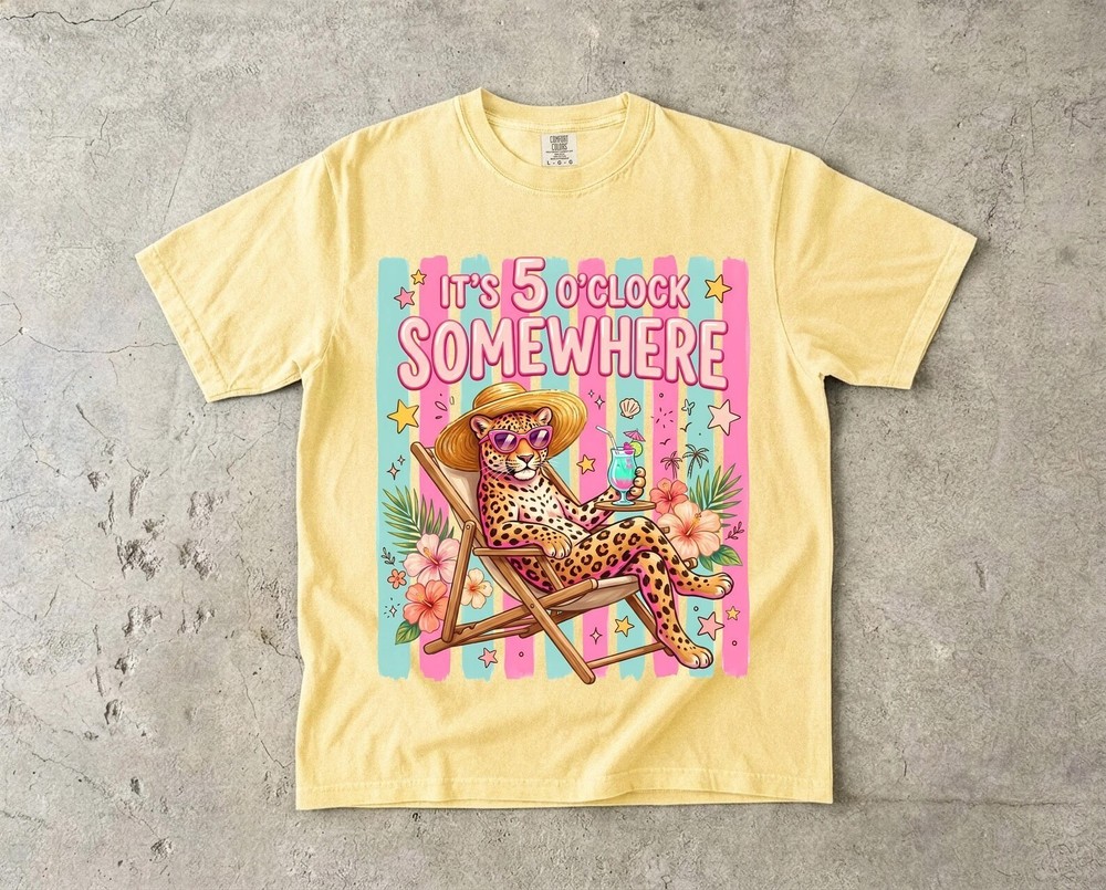 Retro Summer Leopard Graphic Shirt, It’s 5 o’clock Somewhere T-Shirt