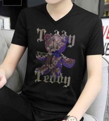 New Men Fashion V-Neck Diamond Rhinestones Bear Luxury Black T-Shirt