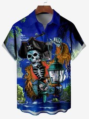 Mens Button Down Blue Pirate Skull Lantern Hawaiian Top Novelty Summer Shirt