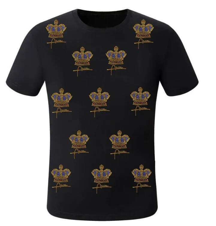 New Men Luxury Diamond Crown Rhinestones Fashion Black T-Shirt High Quality