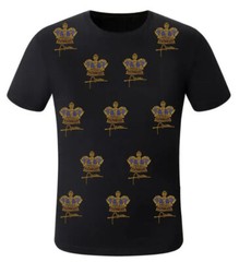 New Men Luxury Diamond Crown Rhinestones Fashion Black T-Shirt High Quality