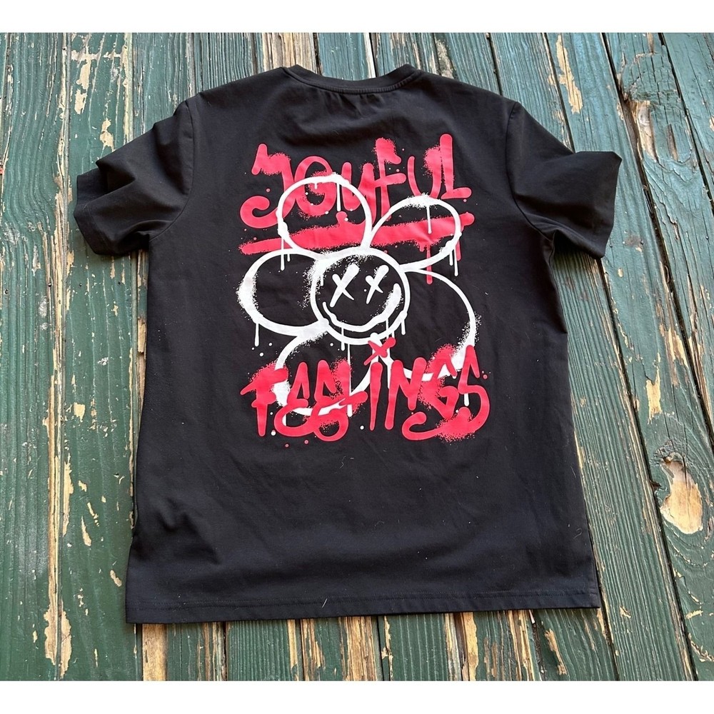 Mens Black Graphic T Shirt Flower Smiley Face “Joyful Famings” Tee