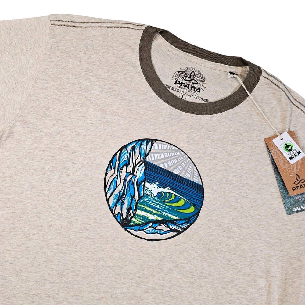 prAna Swell Graphic T‑Shirt Men’s Large Stone Organic Cotton Wave M1SWEL116 NWT