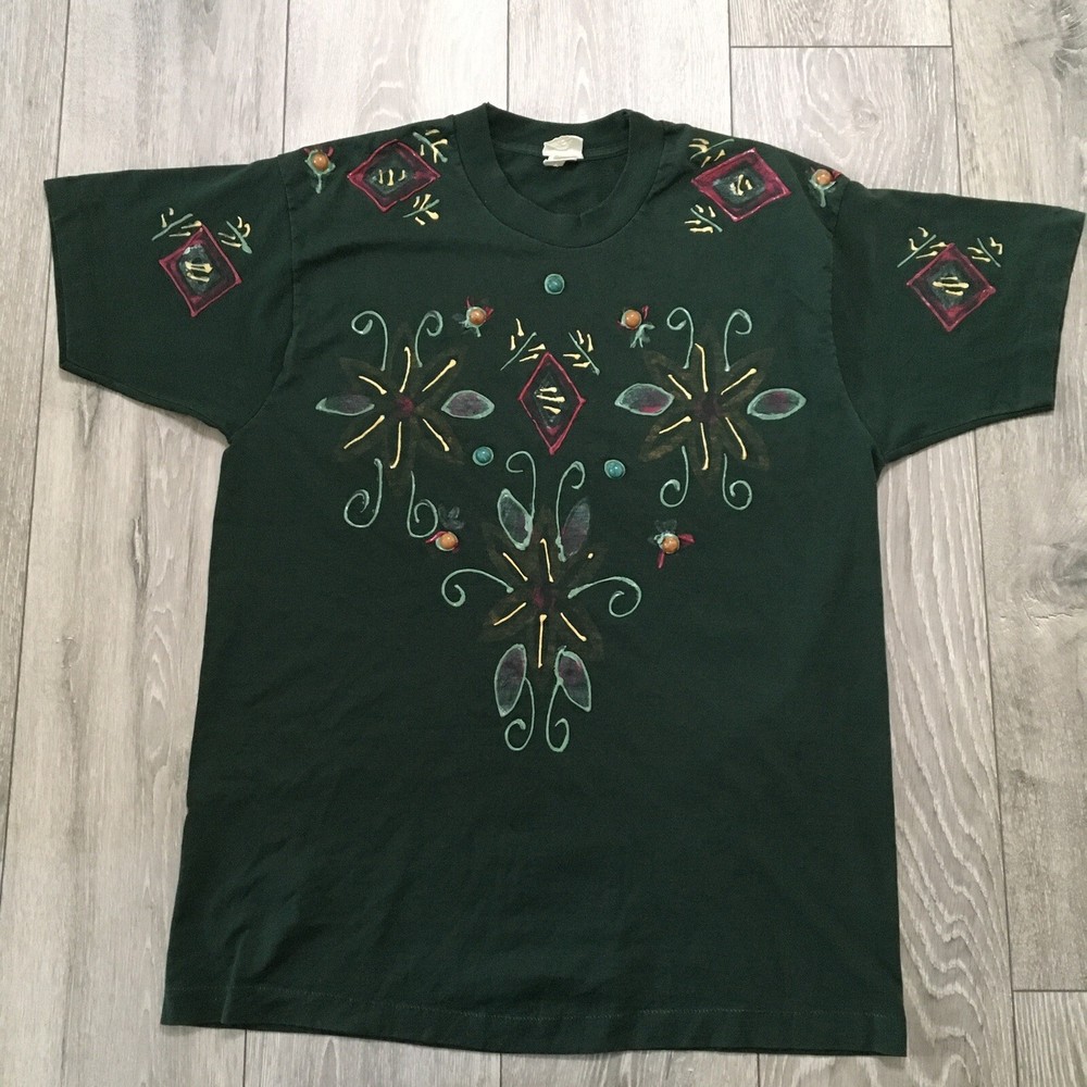 Vintage Native Floral Shirt Mens large Green Single Stitch Graphic Print Custom