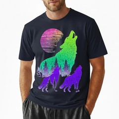 Wolves Howling Moon Forest Silhouette Neon Synthwave Retro Graphic Tee
