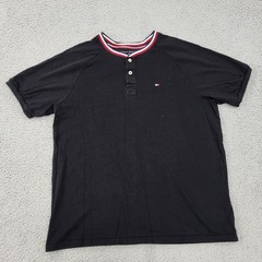 Tommy Hilfiger Shirt Mens Large Black Henley Embroidery