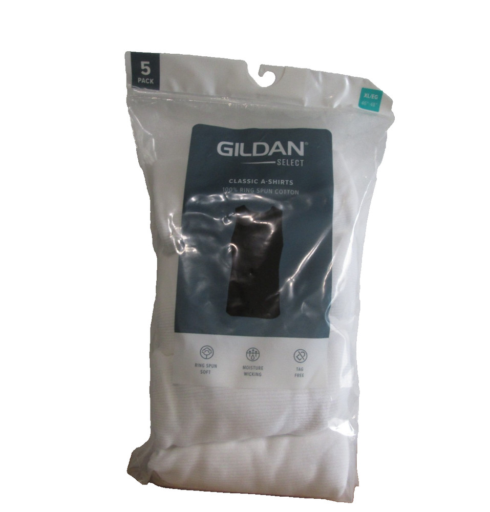 New Men’s Gildan Select 5 Pack Tag Free White Cotton A-Shirts Tank Tops XL 46-48