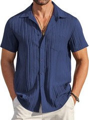 Men Casual Button Down Short Sleeve Textured Summer Beach Shirt with Pocket