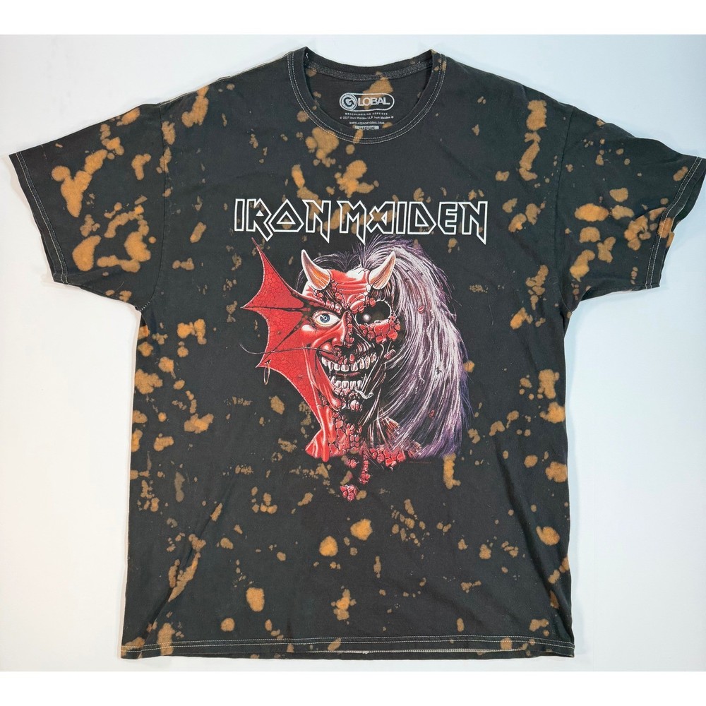 Iron Maiden Bleach Wash Graphic T-Shirt Mens Medium Black Acid Dye Band Tee 2021