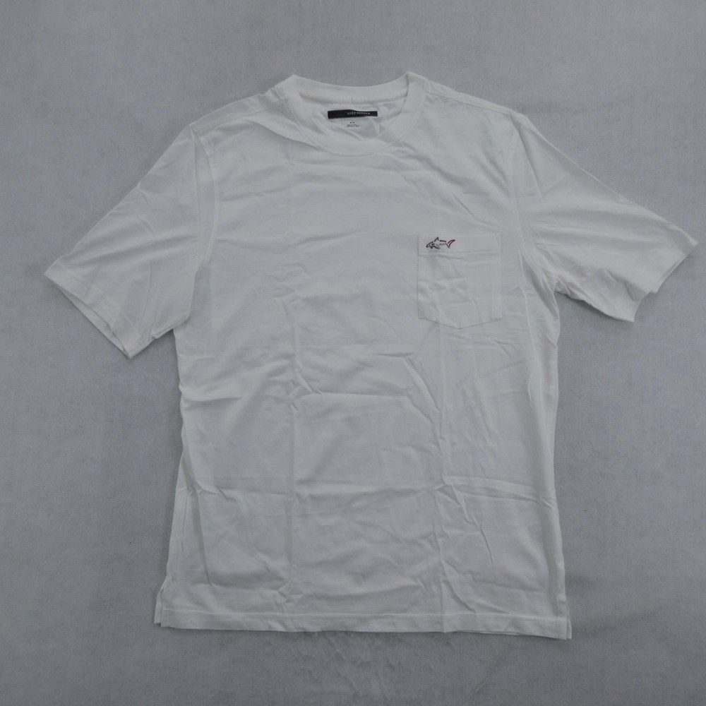 Greg Norman Mens Shirt Medium White Short Sleeve Cotton Pocket Shark Logo New