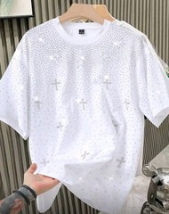 New Men Women Luxury Diamond Crosses Stars Rhinestones Fashion T-Shirt 7 Colors